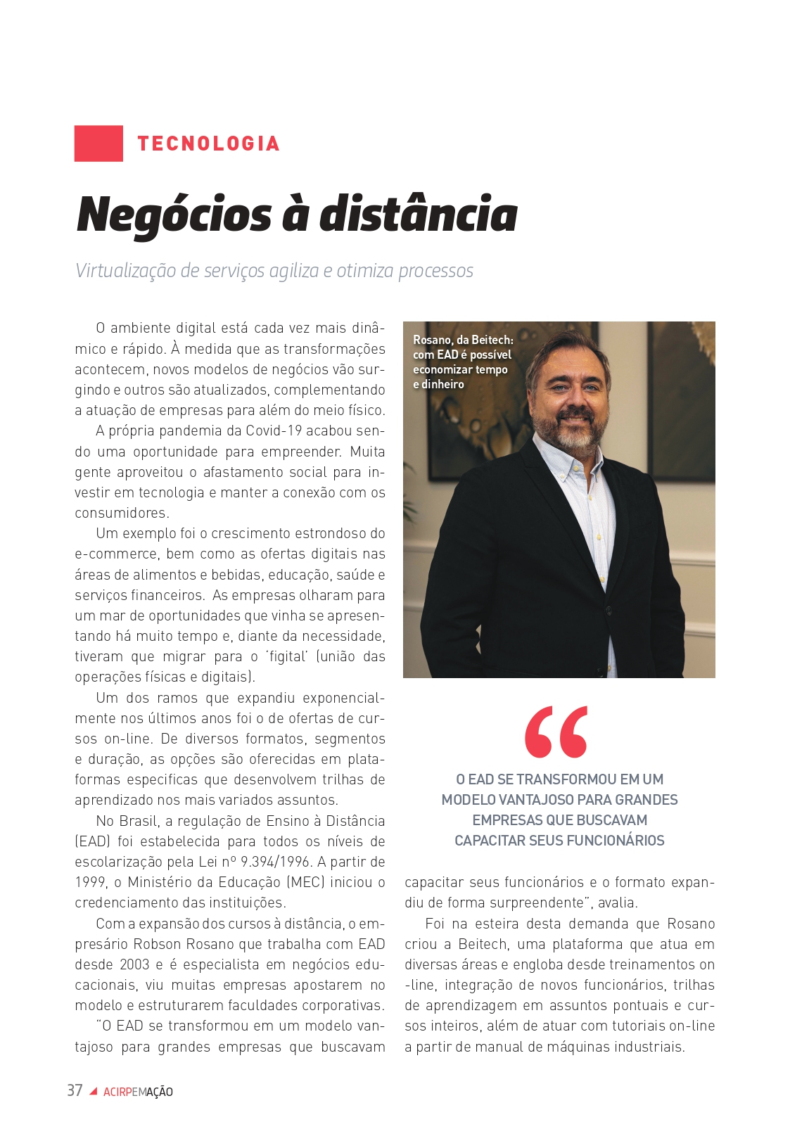 Página 37 da Revista Ação: Negócios à distância, com entrevista sobre a Beitech